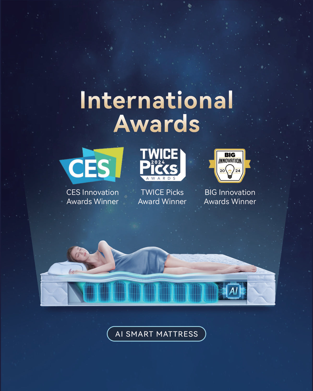 Ai smart mattress on a dark starry blue background