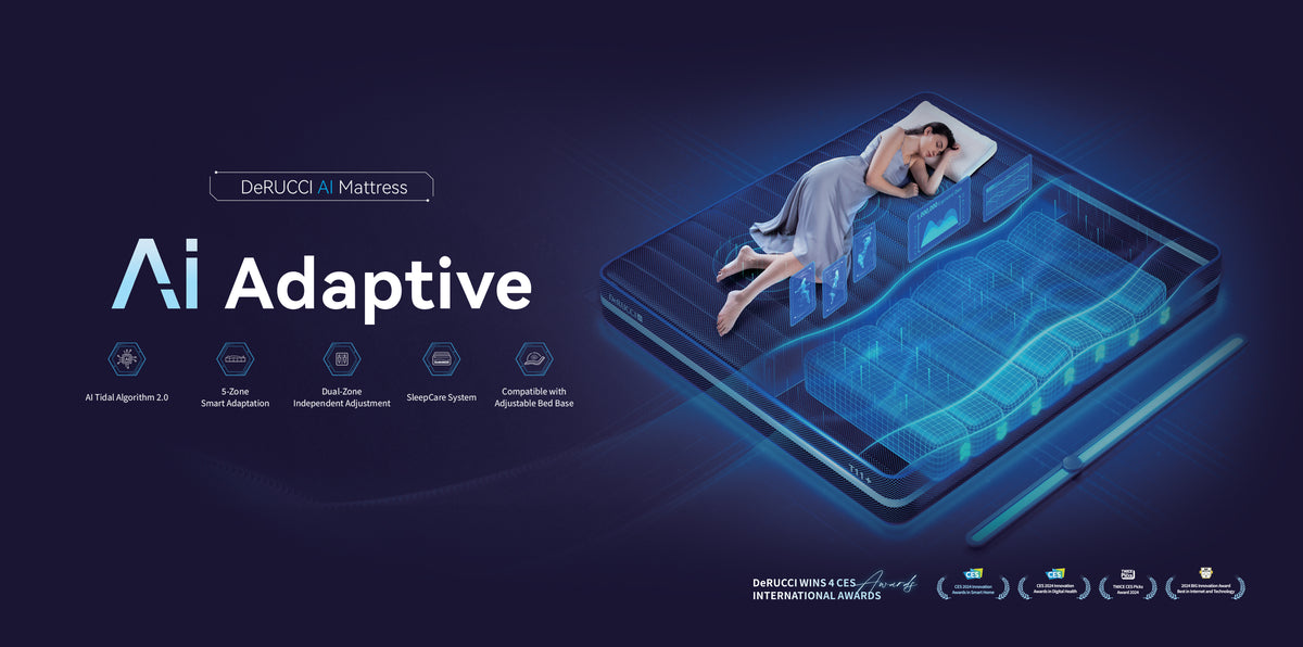 Derucci ai adaptive mattress banner showing a woman sleeping on a mattress with ai sensor visualization overlay, featuring five icons for ai tidal algorithm 2