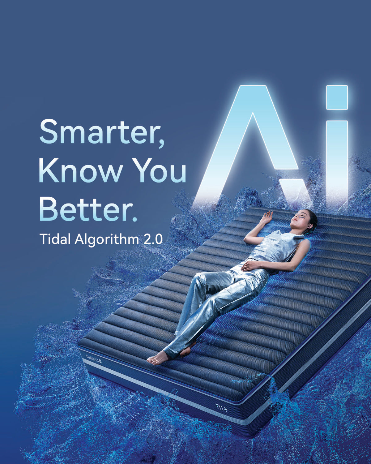 A person reclines on a dark gray inflatable mattress against a blue graphic background with the text 'smarter, know you better