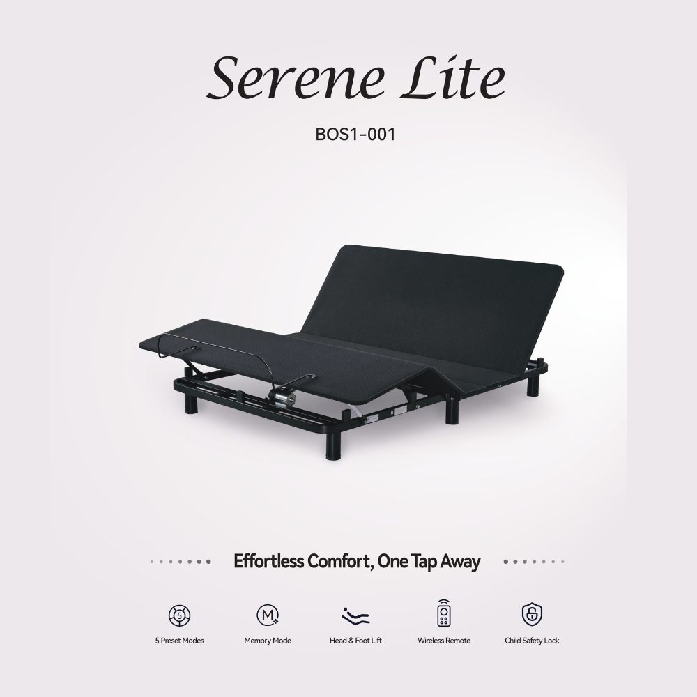 DeRUCCI Serene Lite Adjustable Bed Base set to an ergonomic Zero Gravity preset position to elevate your legs, alleviate lower back pain, and optimize physical recovery.