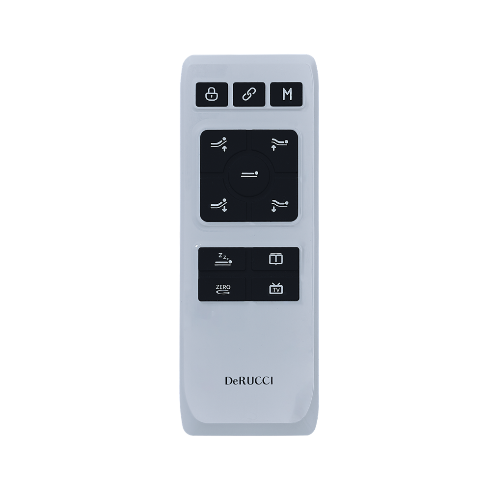 Close-up view of the DeRUCCI Serene Lite electric bed base showcasing its customizable height-adjustable legs, wireless remote controller, and integrated one-touch memory modes.