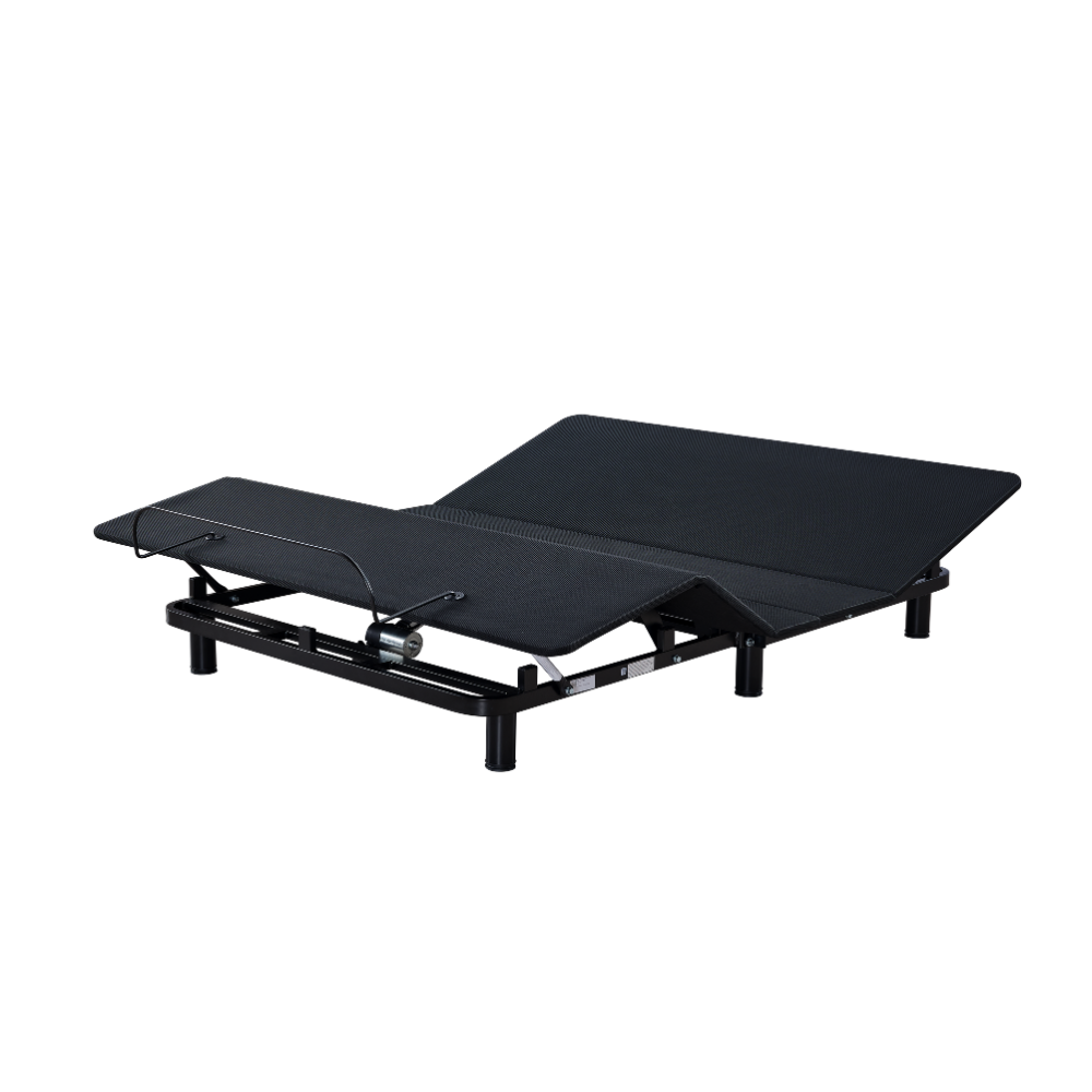 Serene Lite adjustable bed base demonstrating its dual-motor articulation system, featuring a head adjustment angle up to 65 degrees and a foot adjustment angle up to 45 degrees.