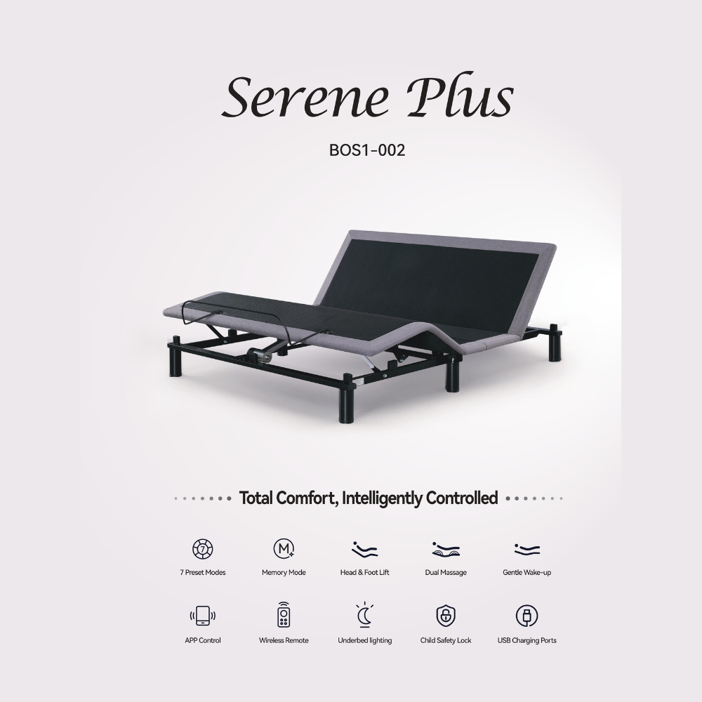 DeRUCCI Serene Plus Adjustable Bed Base featuring an automated Gentle Wake-Up Mode that gradually shifts your sleep position at a pre-scheduled time for a natural start to the morning.
