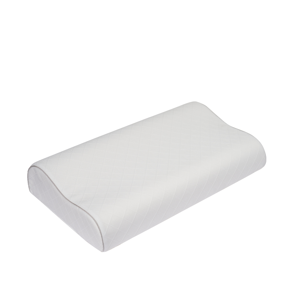 Ergonomic DeRUCCI AeroCurve memory foam pillow designed to gently cradle the head, relieve cervical pressure, and deliver responsive support for back and side sleepers.