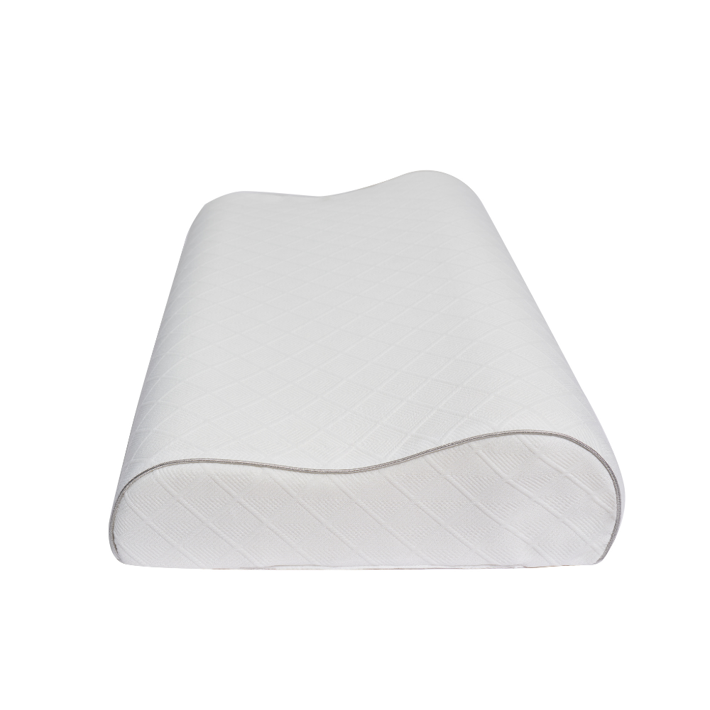 The contoured derucci aerocurve memory foam pillow showcasing its versatile dual height profiles to easily accommodate different sleeping positions and comfort preferences