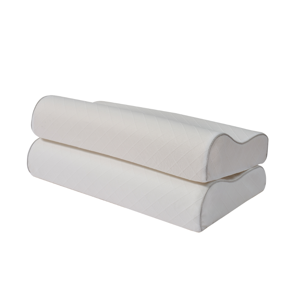 Studio shot of the DeRUCCI AeroCurve premium memory foam pillow highlighting its contoured ergonomic shape and dual-height sleep profile.