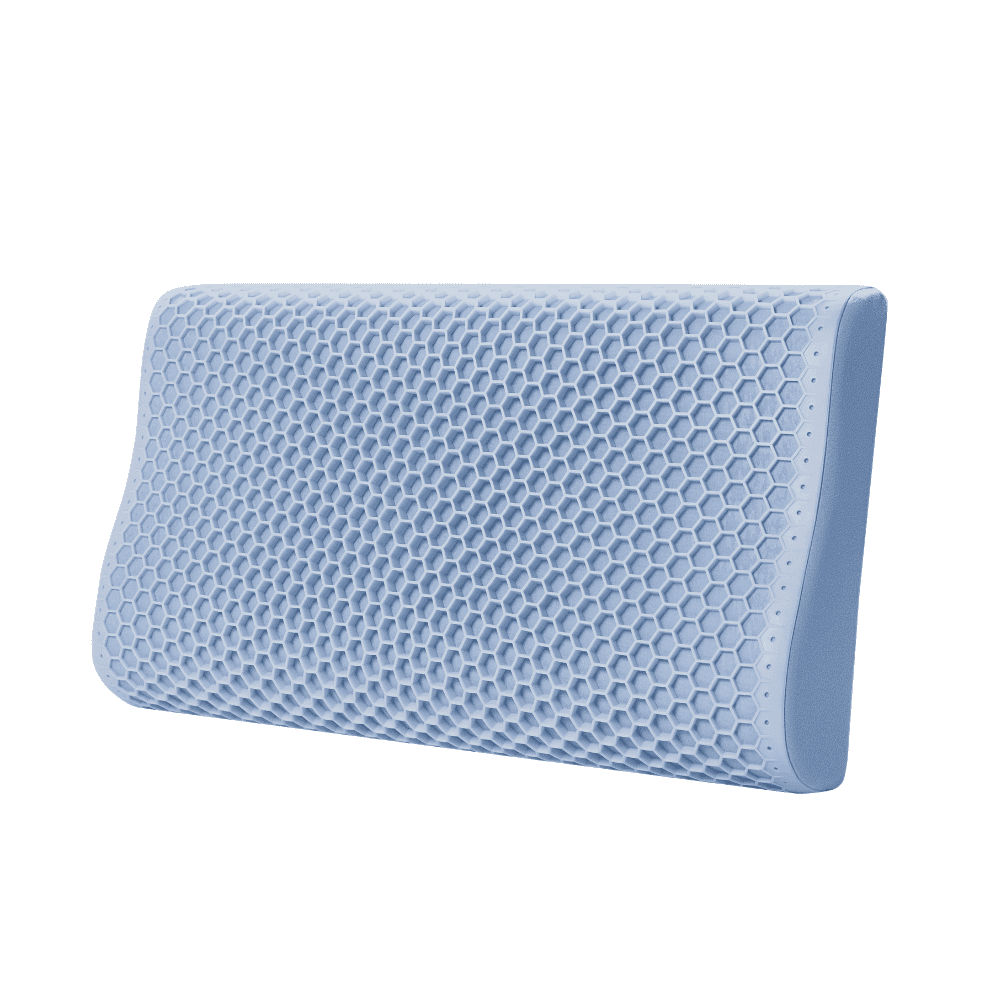 DeRUCCI adaptive smart pillow with an intelligent honeycomb grid that dynamically contours to the head and neck for even pressure distribution and muscle relaxation.