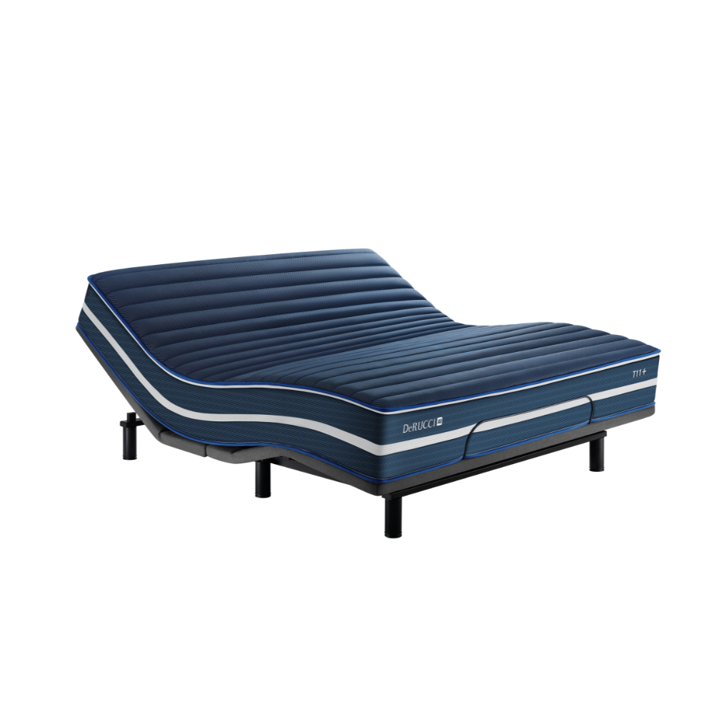 DeRUCCI T11+ AI Smart Mattress paired with a motorized adjustable smart bed base in a Zero Gravity position for optimized spinal alignment, chronic back pain relief, and deep muscle recovery.