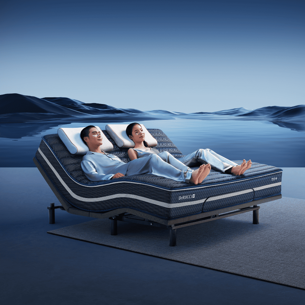 A couple experiencing split dual-zone customization on a DeRUCCI T11+ AI Smart Mattress and adjustable bed base set to an ergonomic Zero Gravity posture for luxury comfort and muscle recovery.