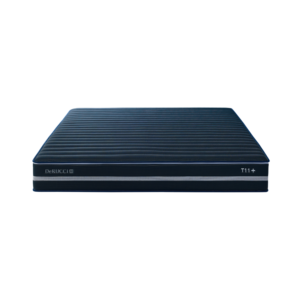 DeRUCCI T11+ AI Smart Mattress front-facing studio shot, featuring dual-zone independent adjustments and a 5-zone active support system for physical recovery and back pain relief.