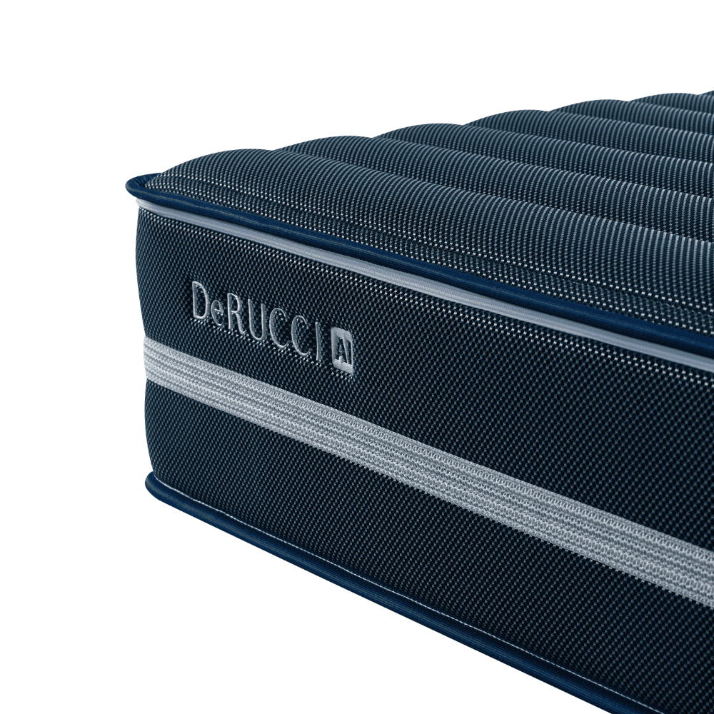 DeRUCCI T11+ AI Smart Mattress corner-facing studio shot, featuring dual-zone independent adjustments and a 5-zone active support system for physical recovery and back pain relief.