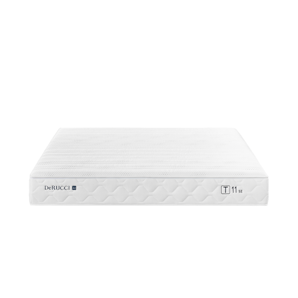The DeRUCCI T11 SE AI-adaptive smart mattress on a clean white background, designed with the AI Tidal Algorithm 1.0 for real-time body contouring and independent dual-zone comfort.