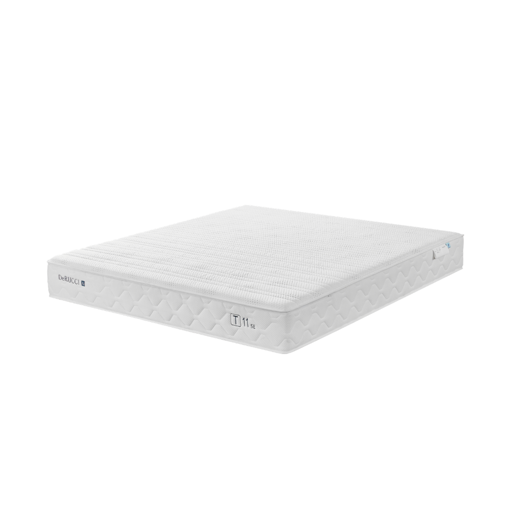 Side angle view of the 28cm DeRUCCI T11 SE intelligent mattress, highlighting the premium antibacterial knitted face fabric and adaptive core featuring 10 internal flexible adjustment units.