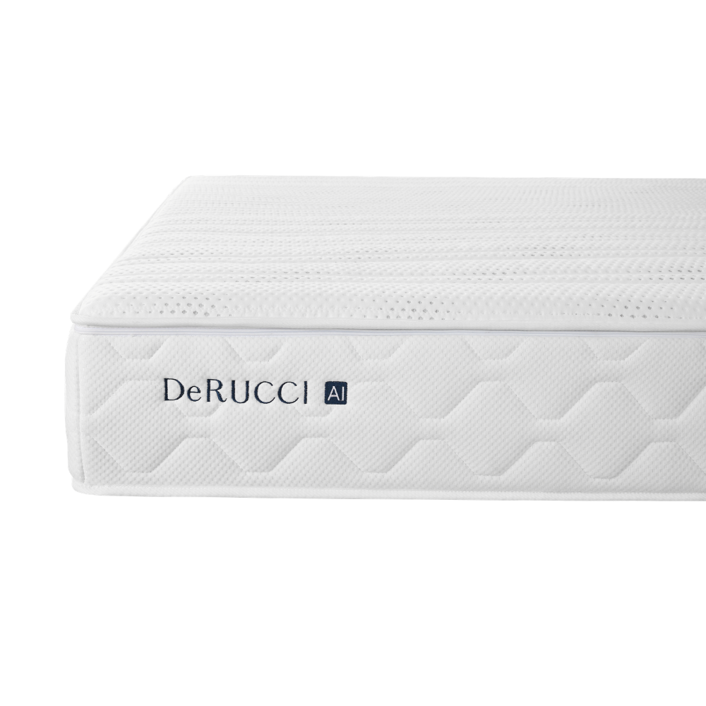 Side angle view of the 28cm DeRUCCI T11 SE intelligent mattress, highlighting the premium antibacterial knitted face fabric and adaptive core featuring 10 internal flexible adjustment units.