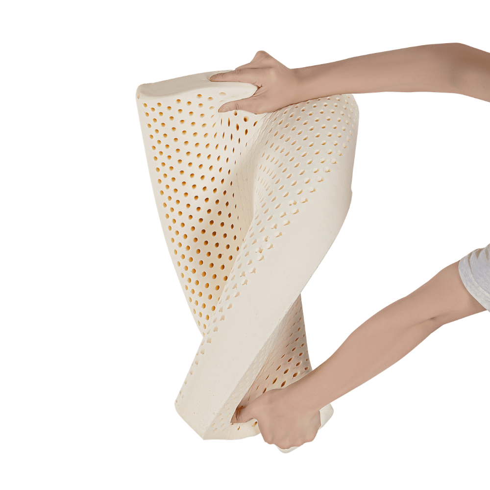 DeRUCCI high-elasticity natural latex pillow showcasing high-resilience material that maintains its structural integrity and contours to prevent flattening.