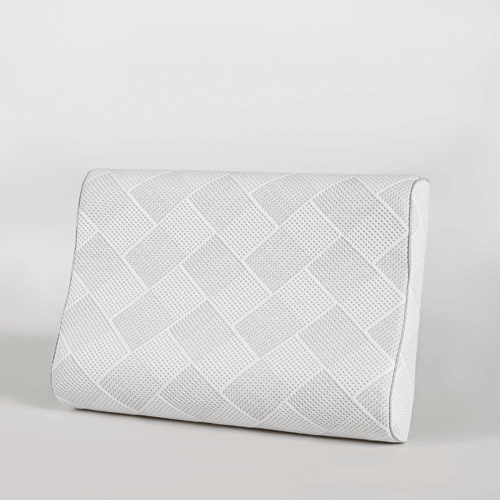 Derucci natural latex pillow featuring an ergonomic contour design engineered to align the cervical spine and alleviate chronic neck strain and shoulder tension
